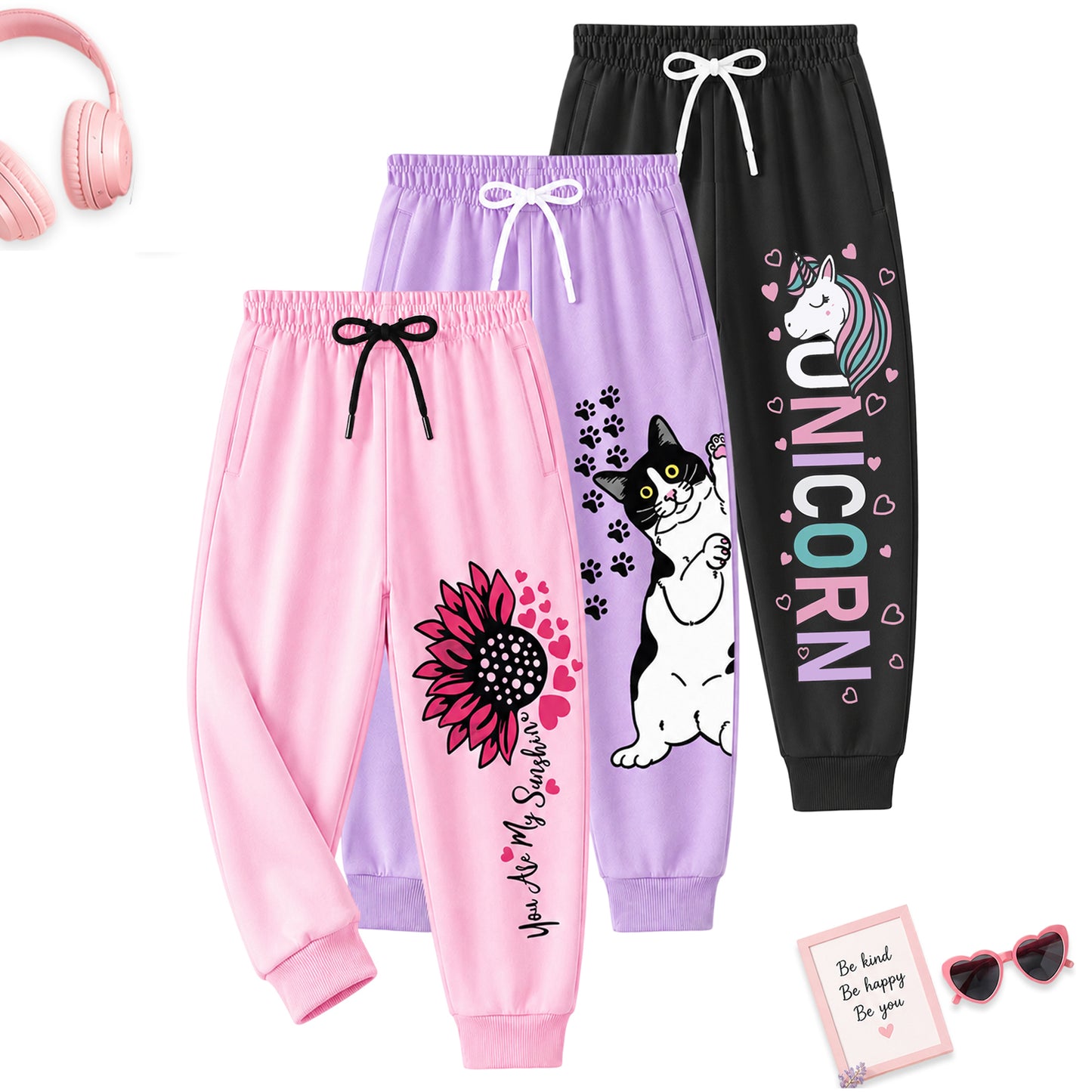 Kuchipoo Girls Cotton Jogger Pants with Elastic Waist & Drawstring – Soft & Comfortable Track Pants for Kids – Pack of 3
