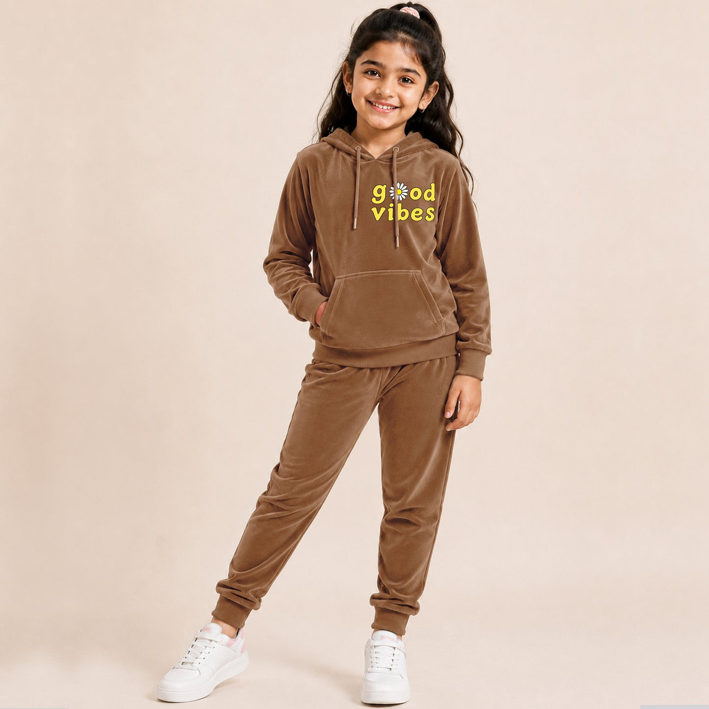 Kuchipoo Girls Velvet Hooded Sweatshirt & Jogger Set | Soft Velour Hoodie with Kangaroo Pocket & Pajama | Warm Full Sleeve Winterwear
