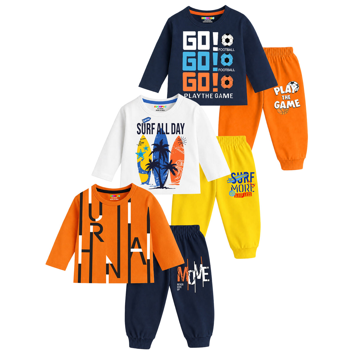 Kuchipoo Boys Cotton Printed T-Shirt & Pyjama Sets | Full Sleeve Regular Fit Casual Clothing Sets | Pack of 3