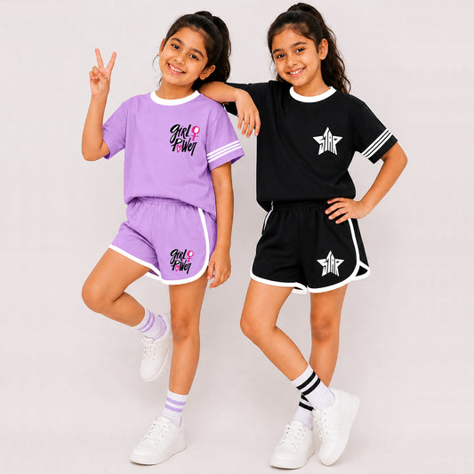 Kuchipoo Girls Cotton Half Sleeve T-Shirt & Shorts Set | Trendy Graphic Print Summer Wear | Soft & Breathable Kids Clothing Combo | Pack of 2