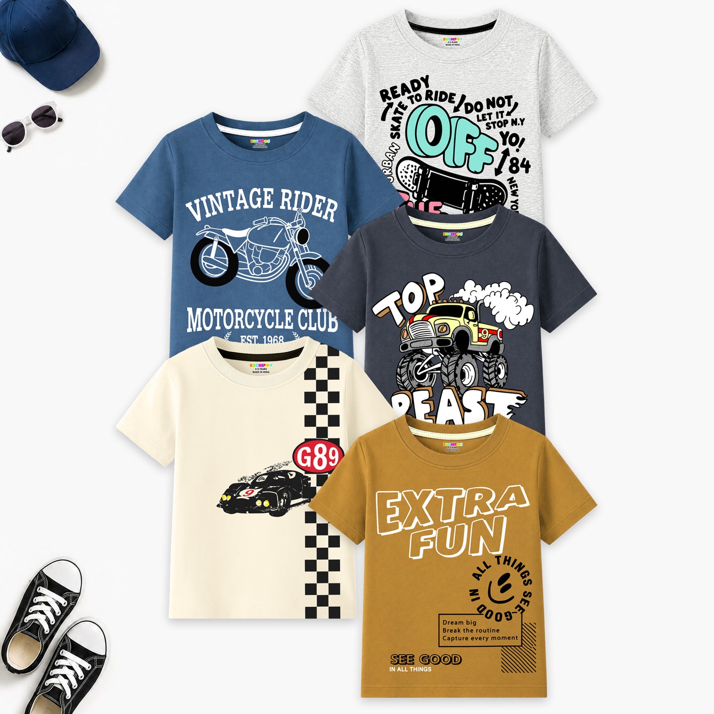 Kuchipoo Boys Cotton Printed T-Shirts | Half Sleeve Round Neck | Soft & Comfortable Casual Wear for Kids | Pack of 5
