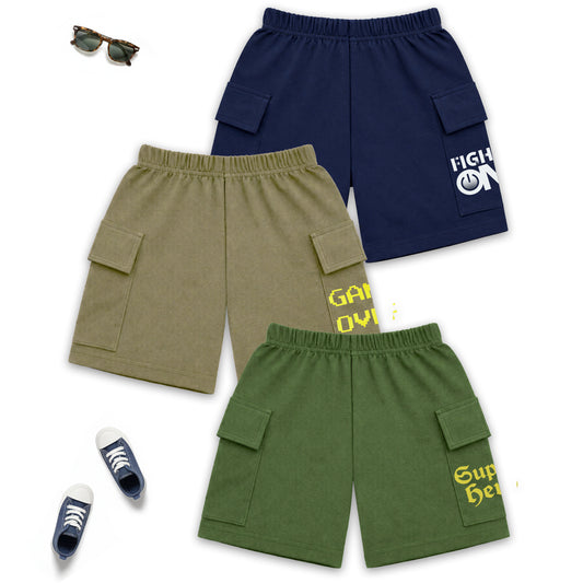 Kuchipoo Boys Cotton Cargo Shorts | Elastic Waistband | Double Pocket Shorts | Summer Casual Wear for Kids- Pack of 3