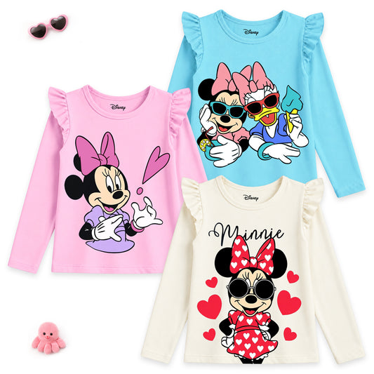 Kuchipoo © Disney Girls Minnie Mouse Frill T-Shirt Combo | Minnie & Friends Graphic Cotton Tees | Casual Summer Wear | Pack of 3