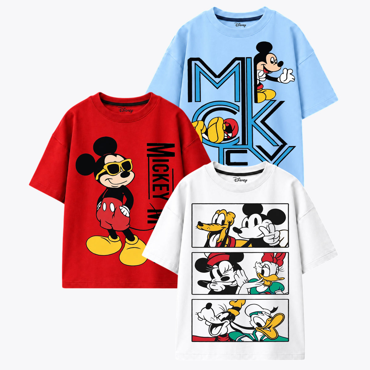 Kuchipoo © Disney Boys Mickey Mouse Printed Cotton T-Shirt Combo | Mickey & Friends Graphic Cotton Tees | Casual Summer Wear | Pack of 3