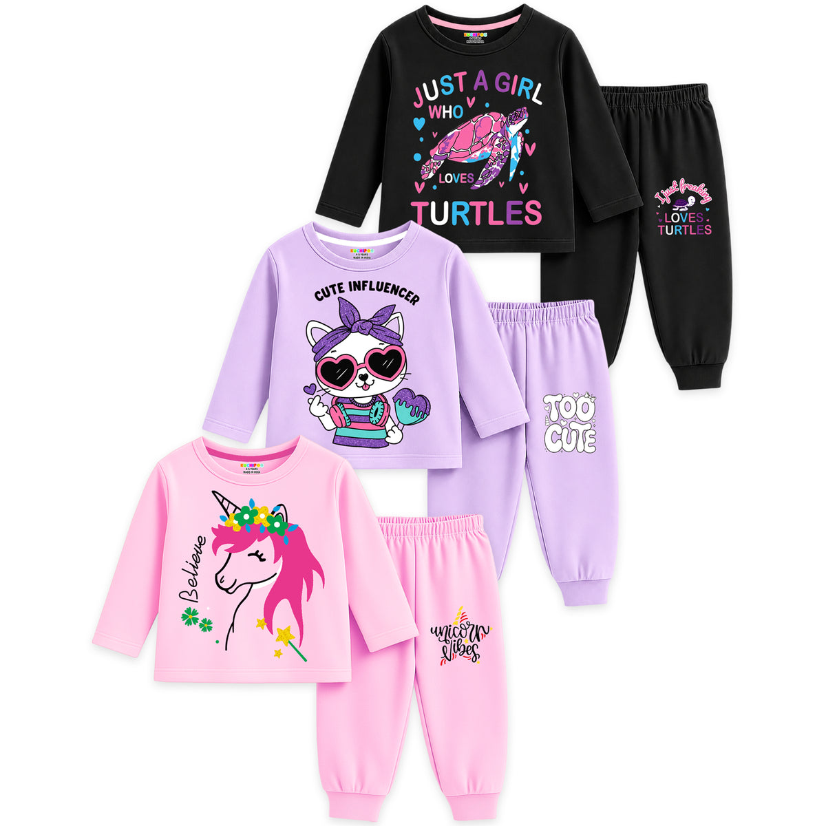 Kuchipoo Girls Regular Fit Cotton T-Shirts and Pyjamas Clothing Set-Pack of 3