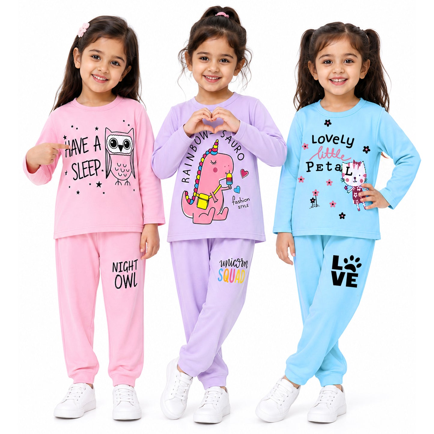 Kuchipoo Girls Cotton T-shirts & Pajamas Set | Full Sleeve Printed Top & Pajama | Soft & Breathable Sleepwear | Comfortable Elastic Waist | Pack of 3