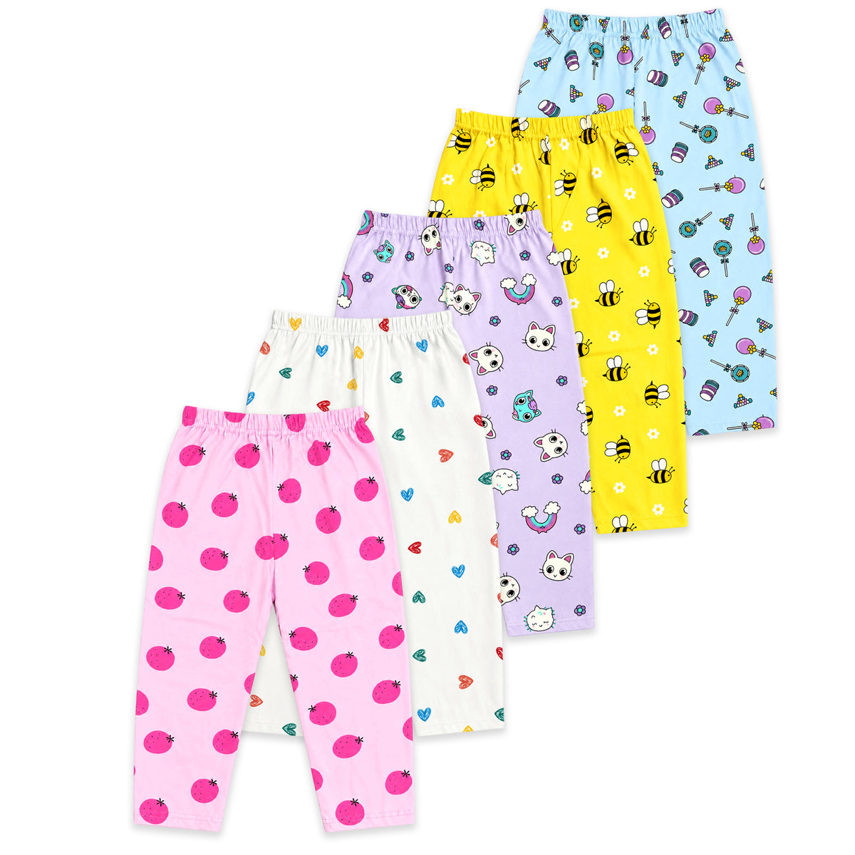 Kuchipoo Girls 100% Cotton Pajamas Combo | Soft Elastic Waist | Cute Animal Prints | Everyday Wear | Pack of 5