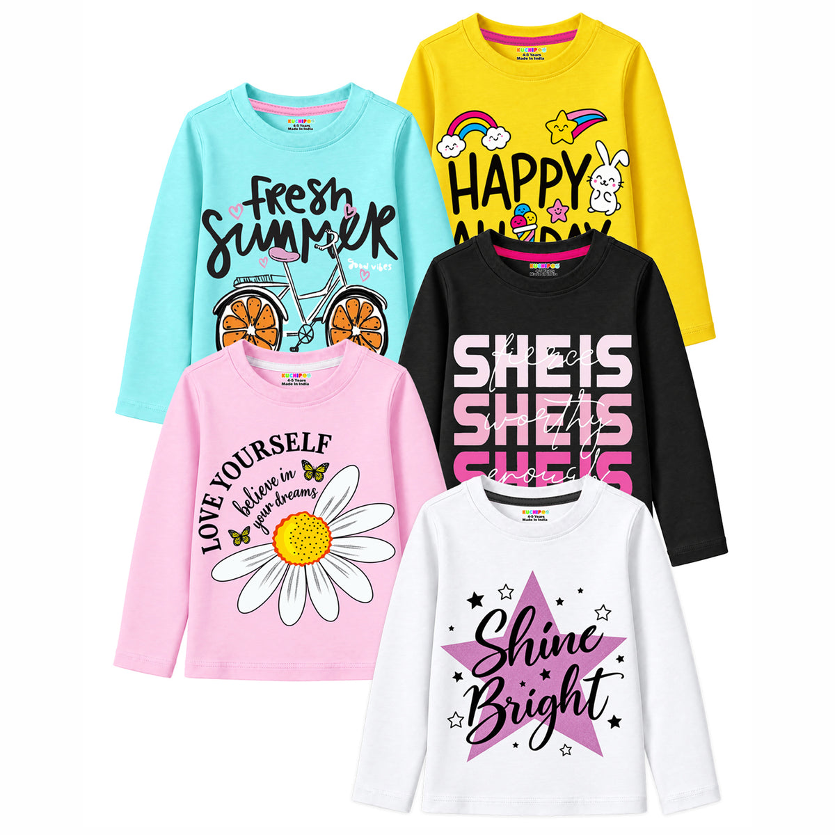 Kuchipoo Girls Cotton Printed T-Shirts | Full Sleeve Round Neck | Soft & Comfortable Casual Wear for Kids | Pack of 5