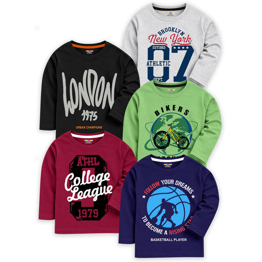 Kuchipoo Boys Cotton Printed T-Shirts | Full Sleeve Round Neck | Soft & Comfortable Casual Wear for Kids | Pack of 5
