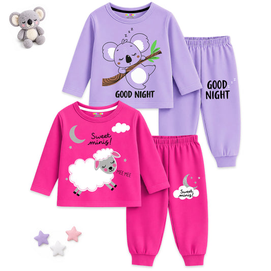 Kuchipoo Girls Regular Fit Cotton T-Shirts and Pyjamas Clothing Set-Pack of 2