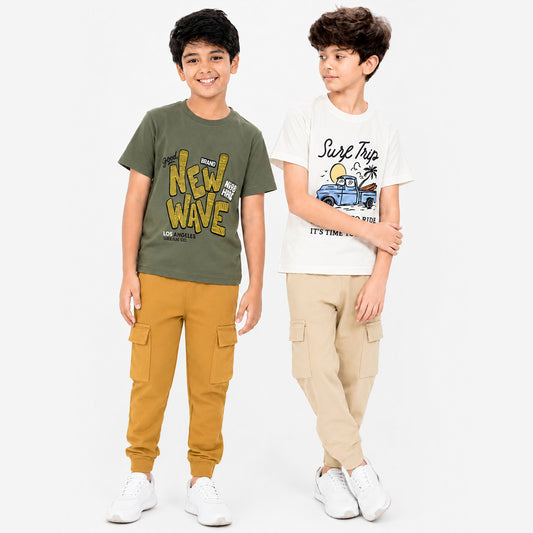 Kuchipoo Boys Cotton Half Sleeve T-Shirt & Cargo Joggers Set | Trendy Graphic Print Summer Wear | Soft & Breathable Kids Clothing Combo with Cargo Pockets | Pack of 2