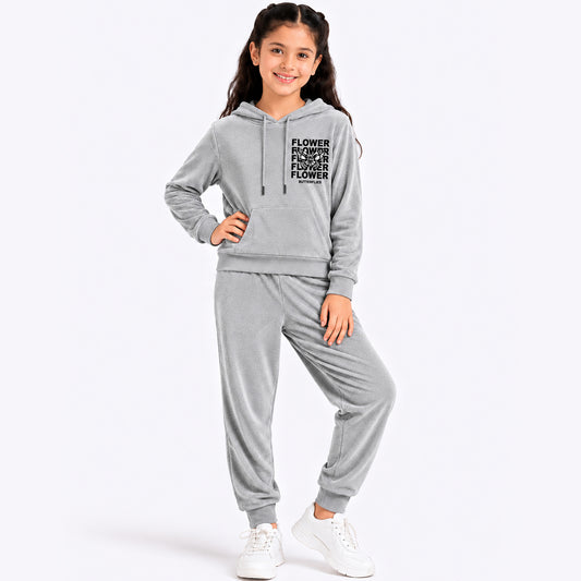 Kuchipoo Girls Velvet Hooded Sweatshirt & Jogger Set | Soft Velour Hoodie with Kangaroo Pocket & Pajama | Warm Full Sleeve Winterwear