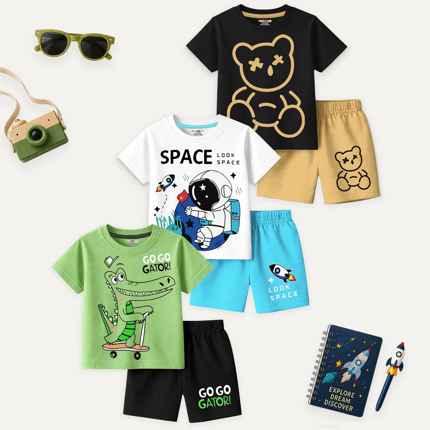 Kuchipoo Boys Cotton T-Shirt & Shorts | Printed Summer Wear Set | Soft & Comfortable Kids Clothing | Pack of 3