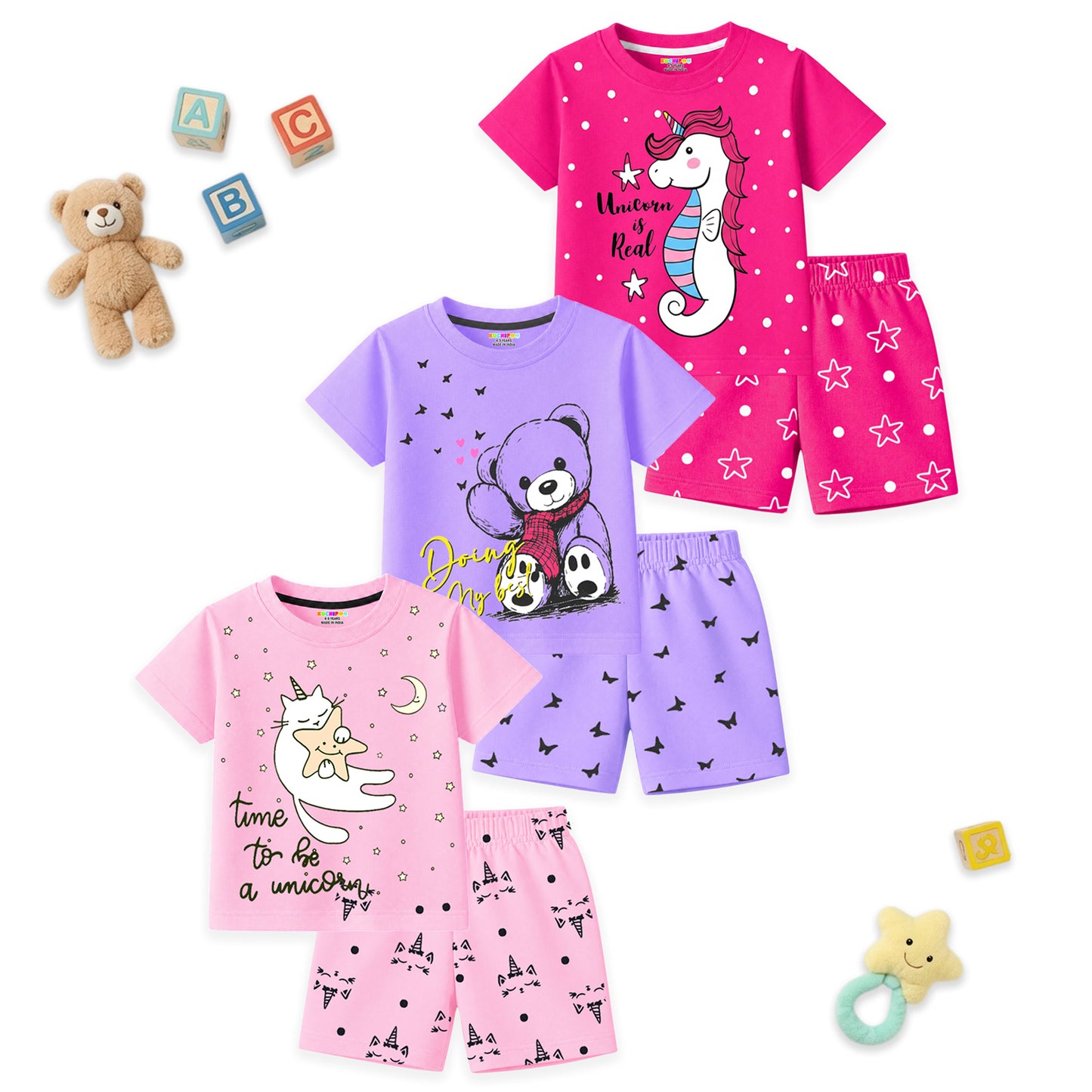 Kuchipoo Girls Cotton T-Shirt & Shorts | Printed Summer Wear Set | Soft & Comfortable Kids Clothing | Pack of 3
