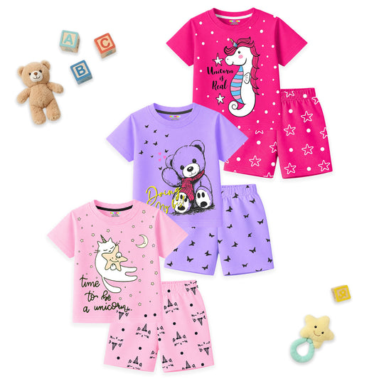 Kuchipoo Girls Cotton T-Shirt & Shorts | Printed Summer Wear Set | Soft & Comfortable Kids Clothing | Pack of 3