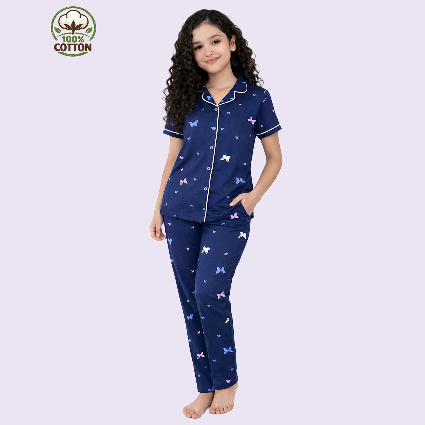 Kuchipoo Girls 100% Cotton Night Suit Set | Soft & Breathable Printed Pyjama Set | Half Sleeve Button Down Sleepwear for Girls