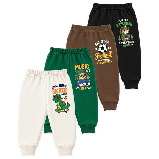 Kuchipoo Boys Printed Fleece Joggers Track Pants with Elastic Waistband & Ribbed Cuffs | Soft & Comfortable Winter Wear | Pack of 4