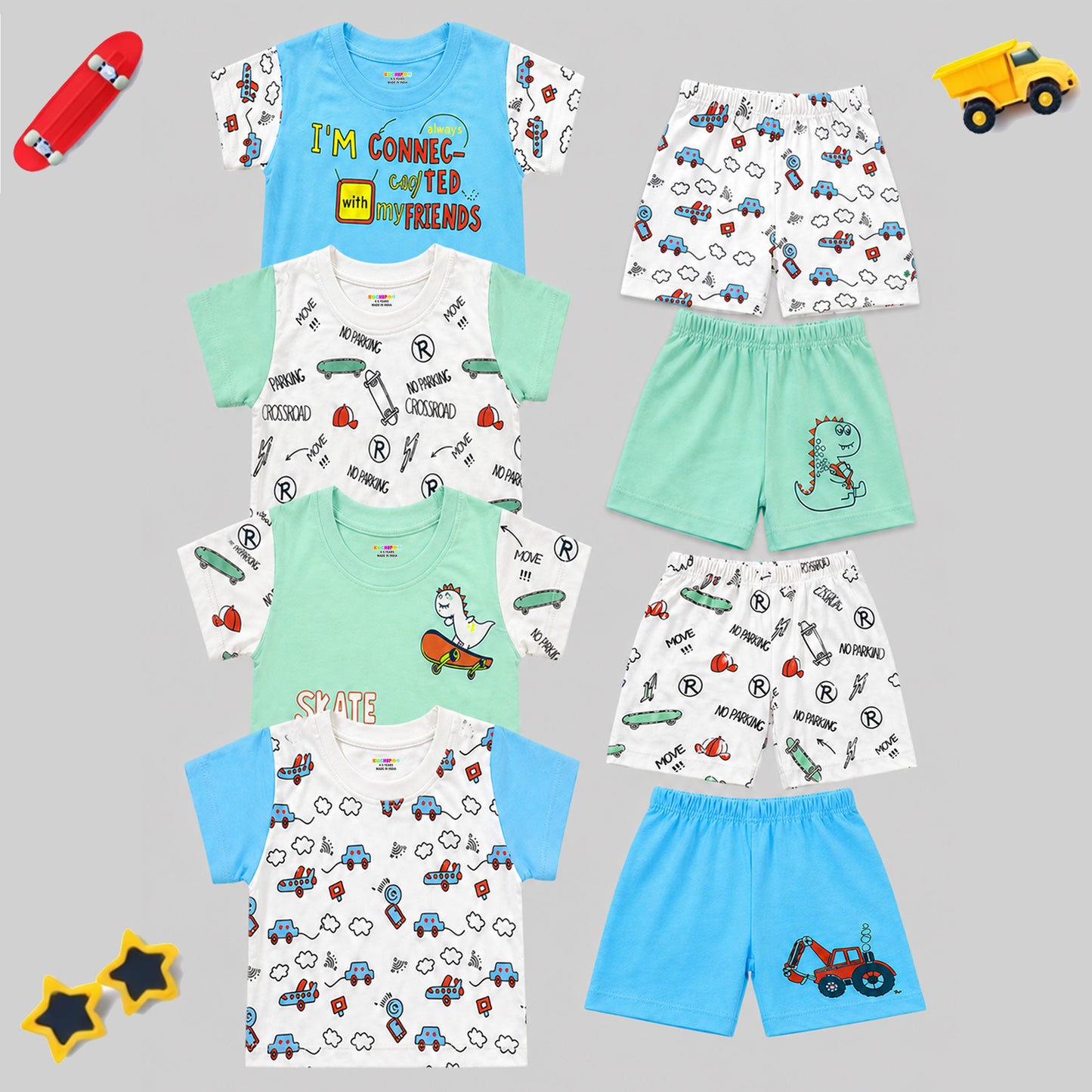 Kuchipoo Boys 100% Cotton T-Shirt & Shorts Set | Printed Summer Wear Set | Soft & Comfortable Kids Clothing | Pack of 4