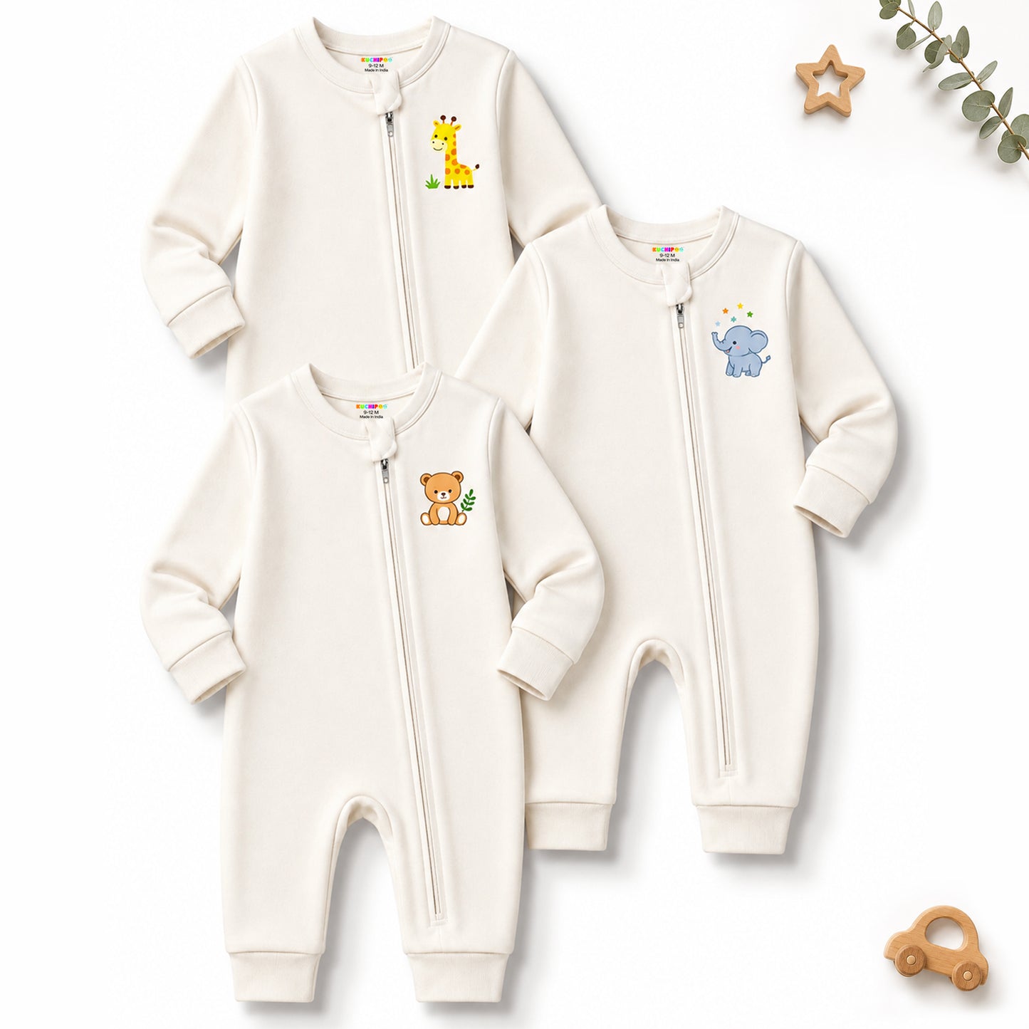 Kuchipoo 100% Cotton Baby Boy & Baby Girl Full Bodysuit Romper | Soft & Breathable Infant Clothing | Long Sleeve, Crew Neck, Zip Closure | Pack of 3