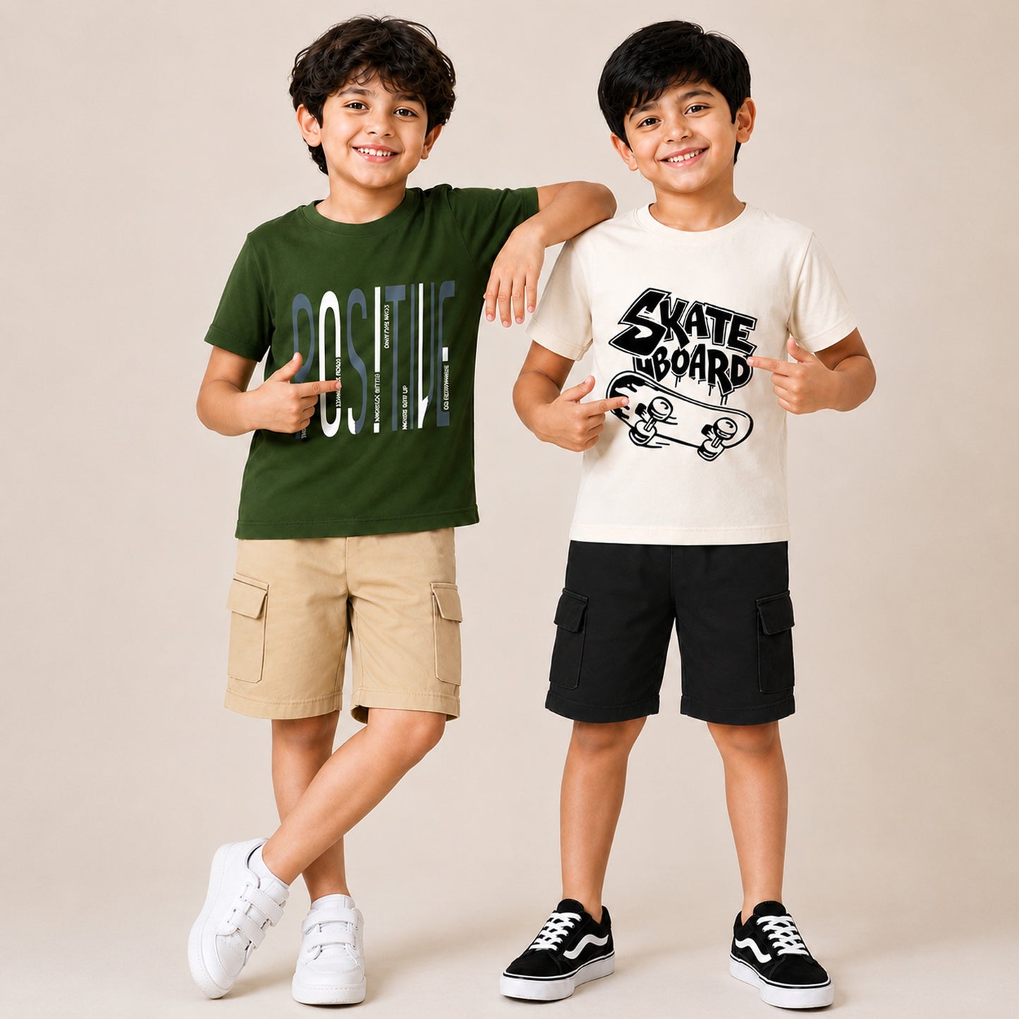 Kuchipoo Boys Cotton Half Sleeve T-Shirt & Cargo Shorts Set | Trendy Graphic Print Summer Wear | Soft & Breathable Kids Clothing Combo with Cargo Pockets | Pack of 2