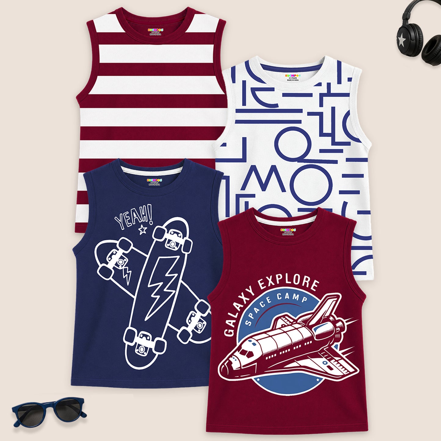 Kuchipoo Boys Sleeveless Cotton Tshirts | Printed Round Neck Kids Tshirts for Summer Wear | Pack of 4