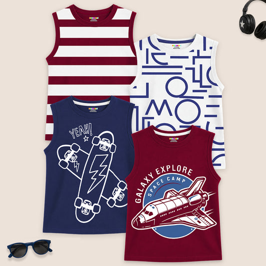 Kuchipoo Boys Sleeveless Cotton Tshirts | Printed Round Neck Kids Tshirts for Summer Wear | Pack of 4