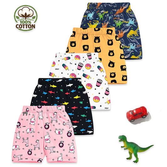 Kuchipoo Girls 100% Cotton Printed Shorts | Elastic Waist | Summer Wear Shorts for Kids | Pack of 5
