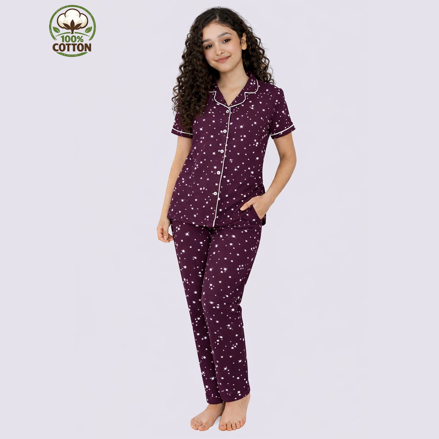 Kuchipoo Girls 100% Cotton Night Suit Set | Soft & Breathable Printed Pyjama Set | Half Sleeve Button Down Sleepwear for Girls
