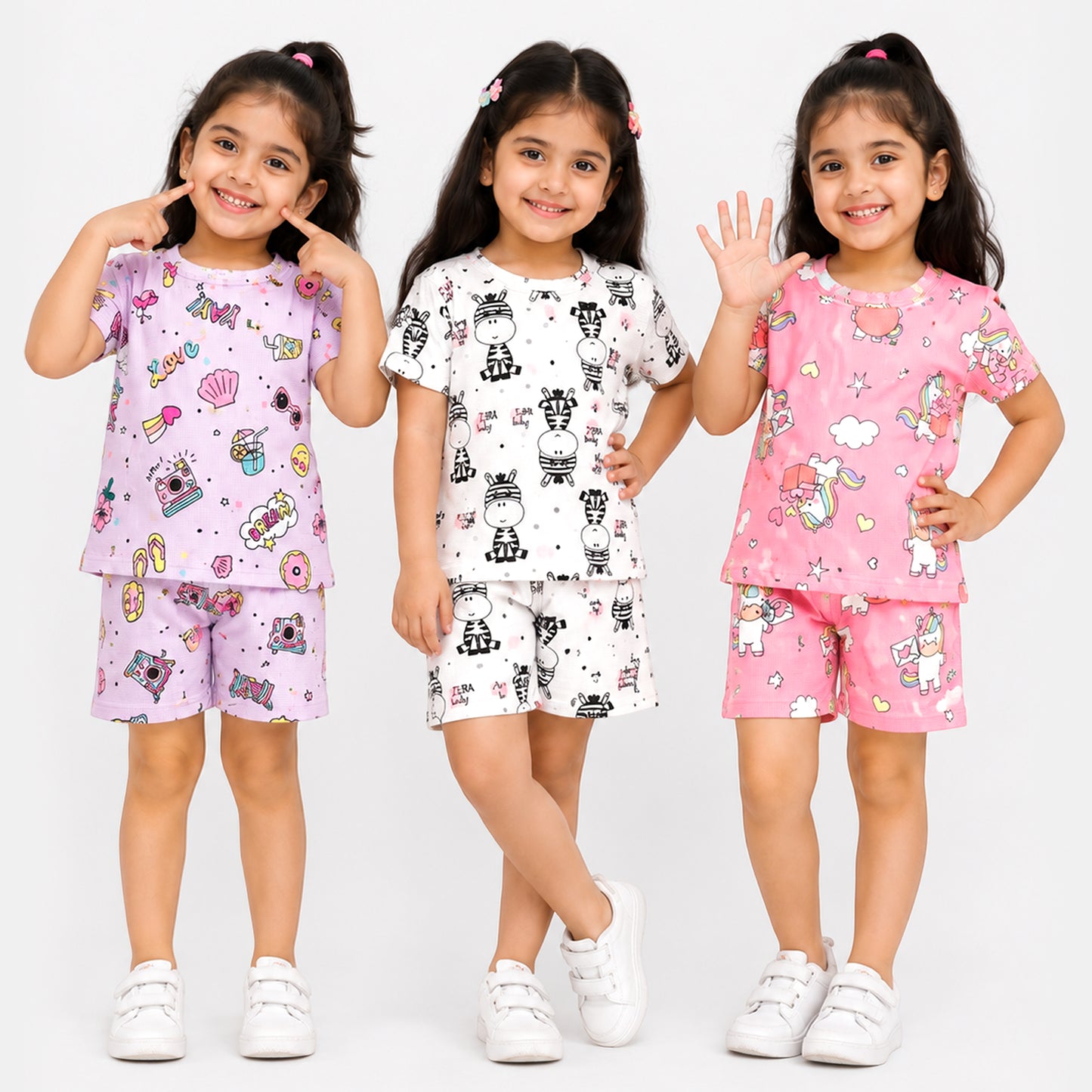 Kuchipoo Girls Cotton T-Shirt & Shorts | Printed Summer Wear Set | Soft & Comfortable Kids Clothing | Pack of 3