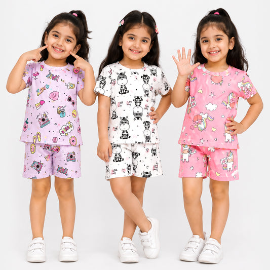 Kuchipoo Girls Cotton T-Shirt & Shorts | Printed Summer Wear Set | Soft & Comfortable Kids Clothing | Pack of 3