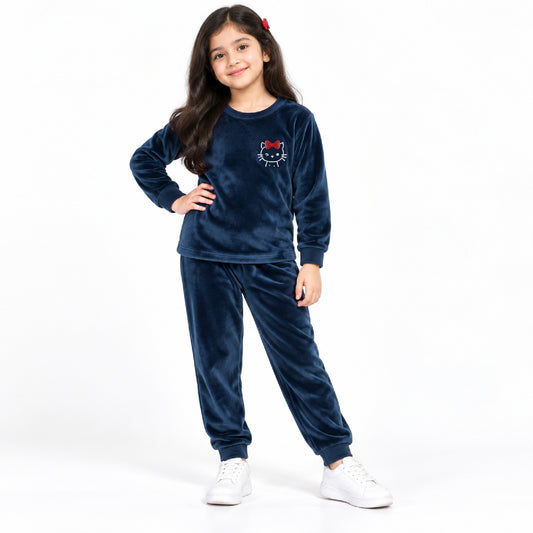 Kuchipoo Girls Velvet Night Suit Set | Full Sleeve Winter Pajama Set with Cute Kitty Design| Warm & Soft Winterwear for Girls