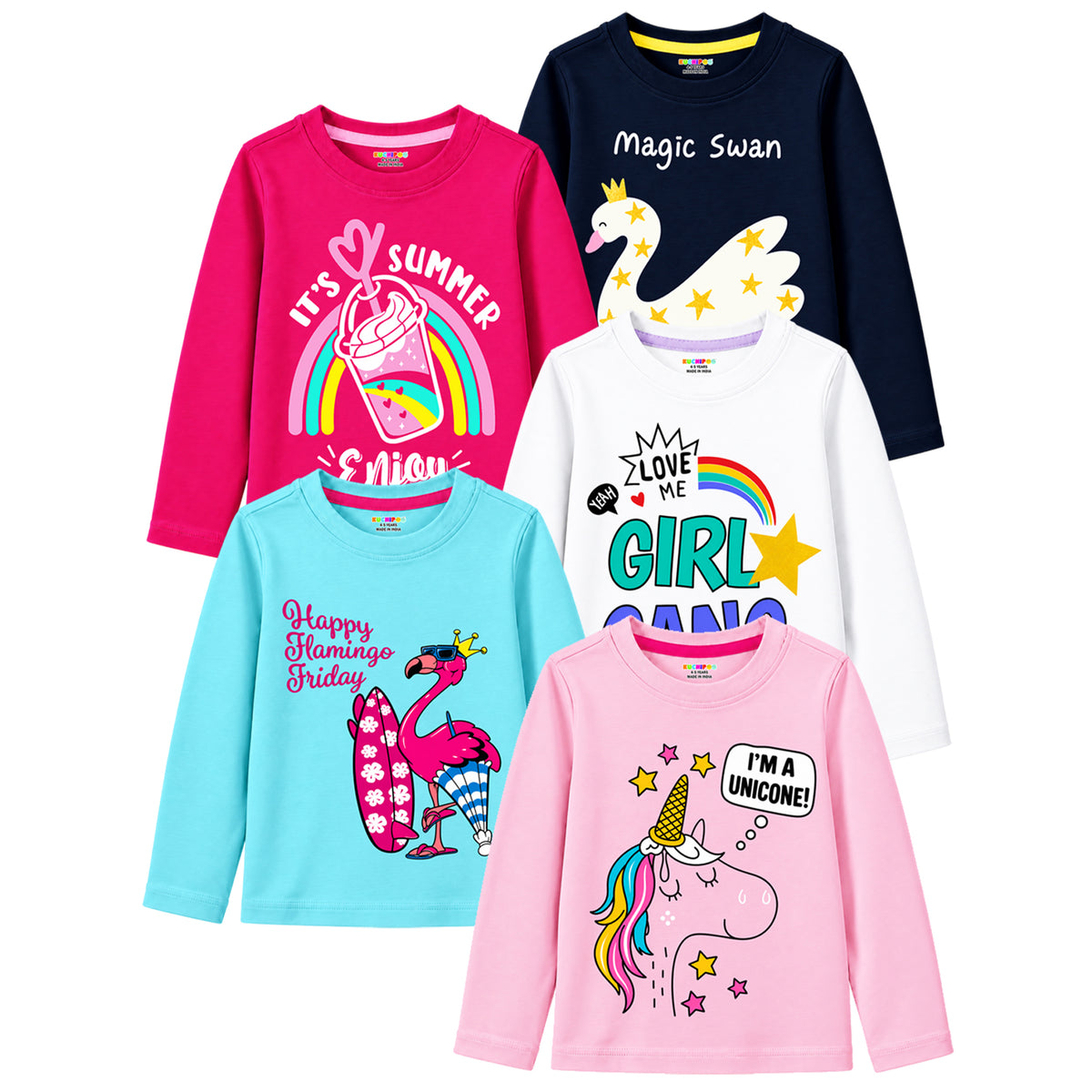 Kuchipoo Girls Cotton Printed T-Shirts | Full Sleeve Round Neck | Soft & Comfortable Casual Wear for Kids | Pack of 5