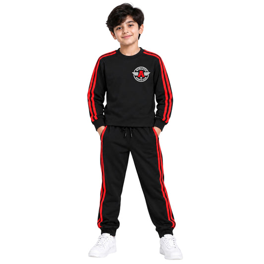 Kuchipoo Boys Full Sleeve Round Neck T-Shirt & Track Pant Set | Athletic Sportswear Tracksuit with Side Stripe Joggers | Casual Activewear Co-Ord Set for Boys