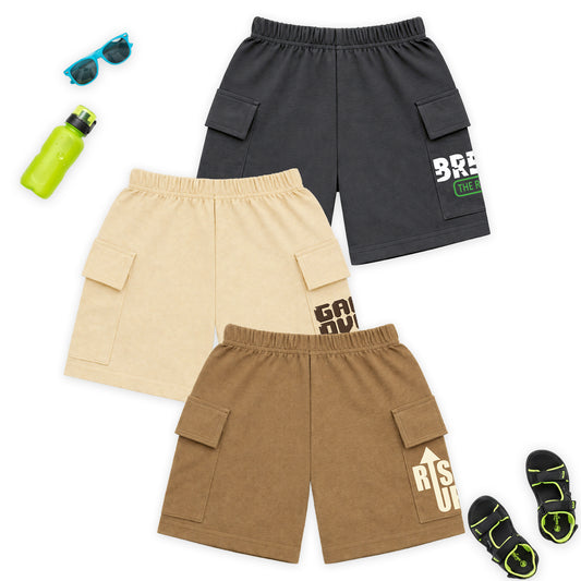 Kuchipoo Boys Cotton Cargo Shorts | Elastic Waistband | Double Pocket Shorts | Summer Casual Wear for Kids | Pack of 3