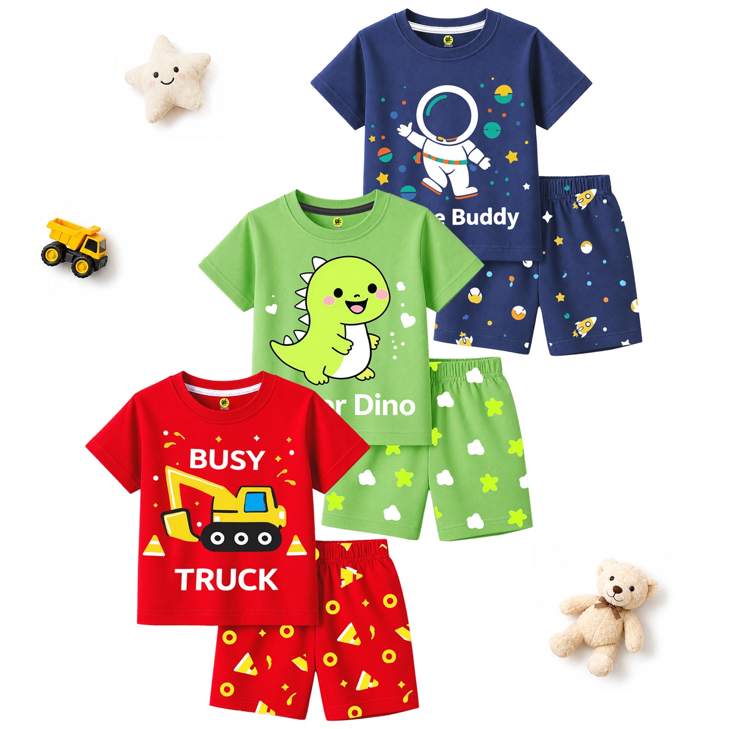 Kuchipoo Boys Cotton T-Shirt & Shorts | Printed Summer Wear Set | Soft & Comfortable Kids Clothing | Pack of 3