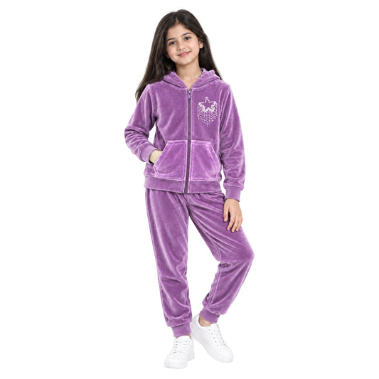 Kuchipoo Girls Velvet Zipper Hooded Sweatshirt & Jogger Set | Soft Velour Zip-Up Hoodie with Kangaroo Pockets & Pajama | Warm Full Sleeve Winterwear