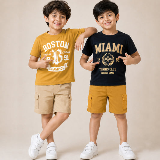 Kuchipoo Boys Cotton Half Sleeve T-Shirt & Cargo Shorts Set | Trendy Graphic Print Summer Wear | Soft & Breathable Kids Clothing Combo with Cargo Pockets | Pack of 2