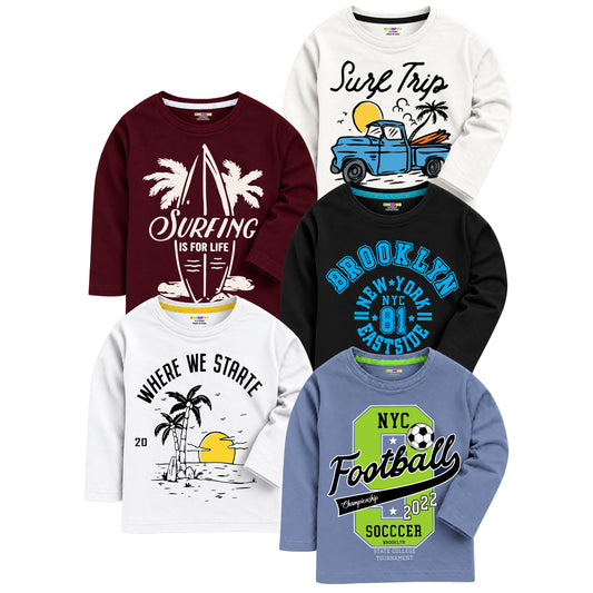 Kuchipoo Boys Cotton Printed T-Shirts | Full Sleeve Round Neck | Soft & Comfortable Casual Wear for Kids | Pack of 5