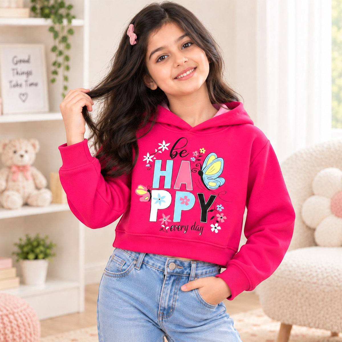 Kuchipoo Girls Printed Crop Hoodie | Full Sleeve Hooded Sweatshirt | Soft & Comfortable Casual Winter Wear for Kids (Copy)