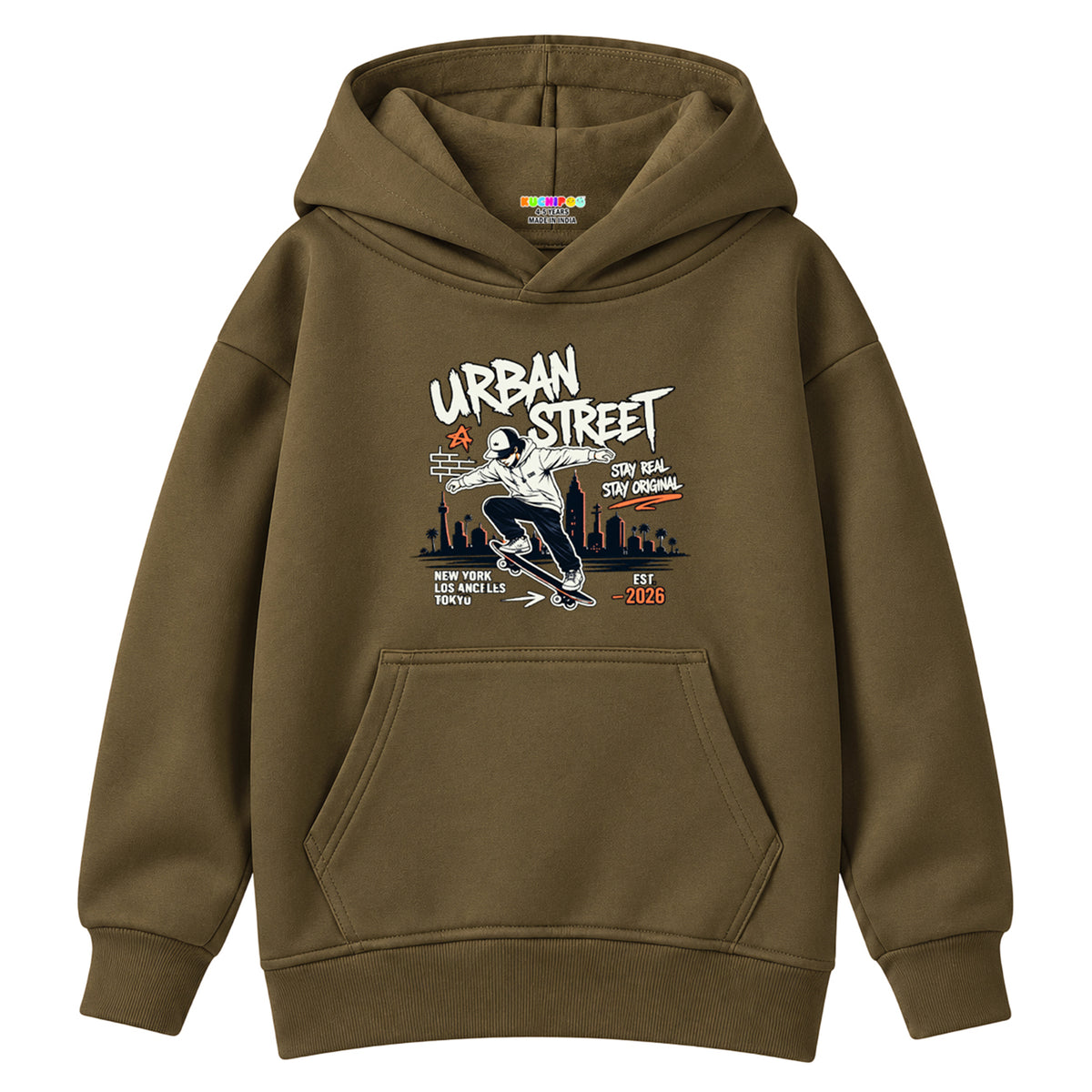 Kuchipoo Boys Printed Hooded Sweatshirt | Full Sleeve Pullover Hoodie with Kangaroo Pocket & Ribbed Cuffs | Warm & Comfortable Casual Winter Wear for Kids