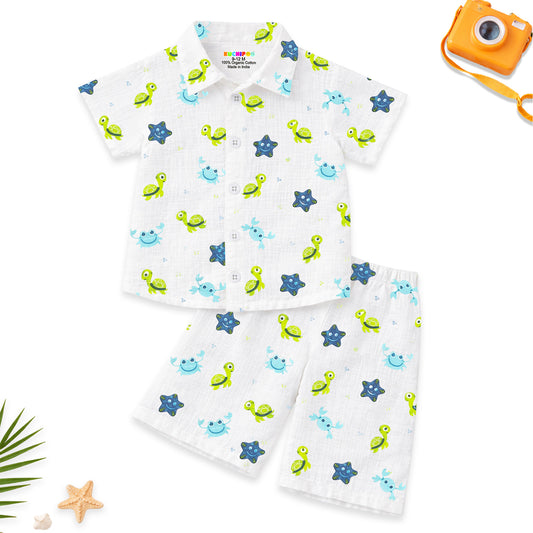 Kuchipoo Boys 100% Muslin Organic Cotton Co-Ord Set | Printed Half Sleeve Shirt & Shorts | Soft Breathable Fabric | Casual Summer Wear | Boys Stylish Outfit