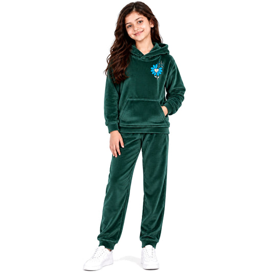 Kuchipoo Girls Velvet Hooded Sweatshirt & Jogger Set | Soft Velour Hoodie with Kangaroo Pocket & Pajama | Warm Full Sleeve Winterwear