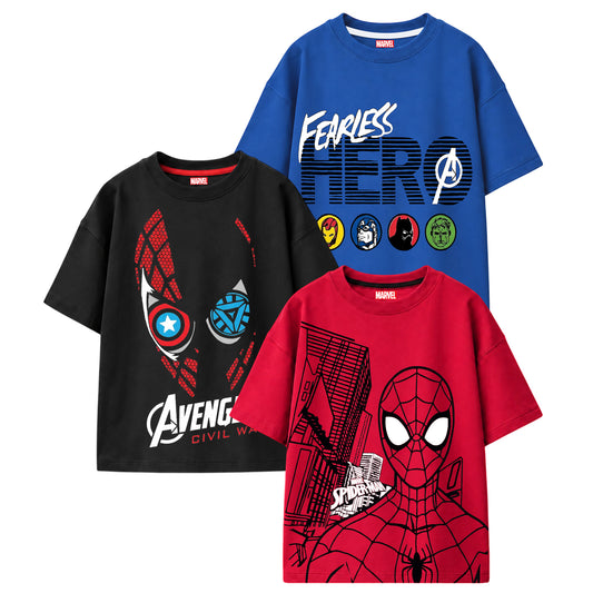 Kuchipoo © Marvel Boys Avengers & Spider-Man Printed Cotton T-Shirt Combo | Superheroes Graphic Cotton Tees | Casual Summer Wear | Pack of 3