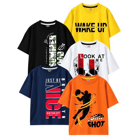Kuchipoo Boys Cotton Printed T-Shirts | Half Sleeve Round Neck | Soft & Comfortable Casual Wear for Kids | Pack of 5