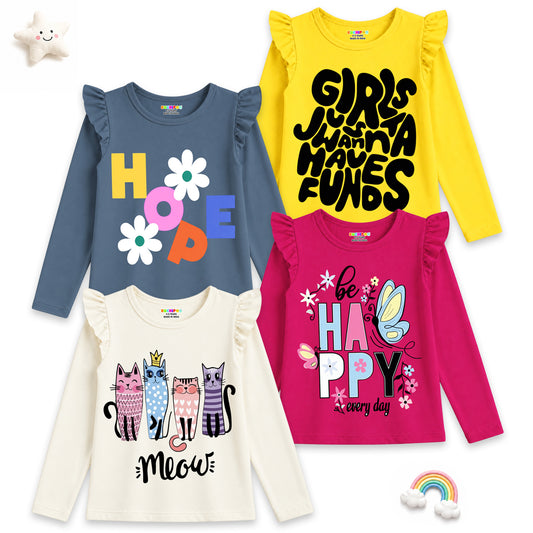 Kuchipoo Girls Cotton Printed T-Shirts | Full Sleeves with Frill Shoulders | Soft & Comfortable Casual Wear for Kids | Pack of 4