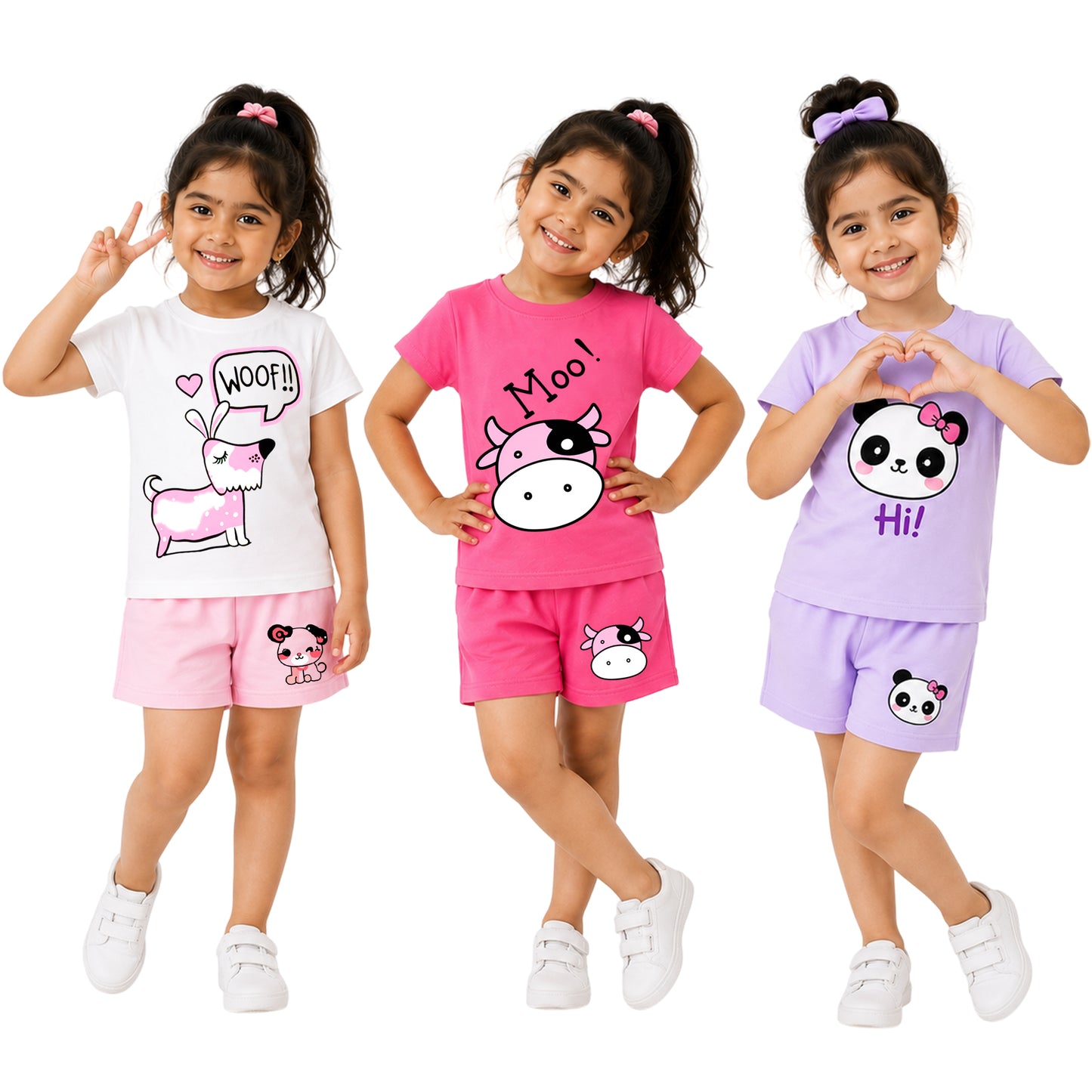 Kuchipoo Girls Cotton T-Shirt & Shorts | Printed Summer Wear Set | Soft & Comfortable Kids Clothing | Pack of 3