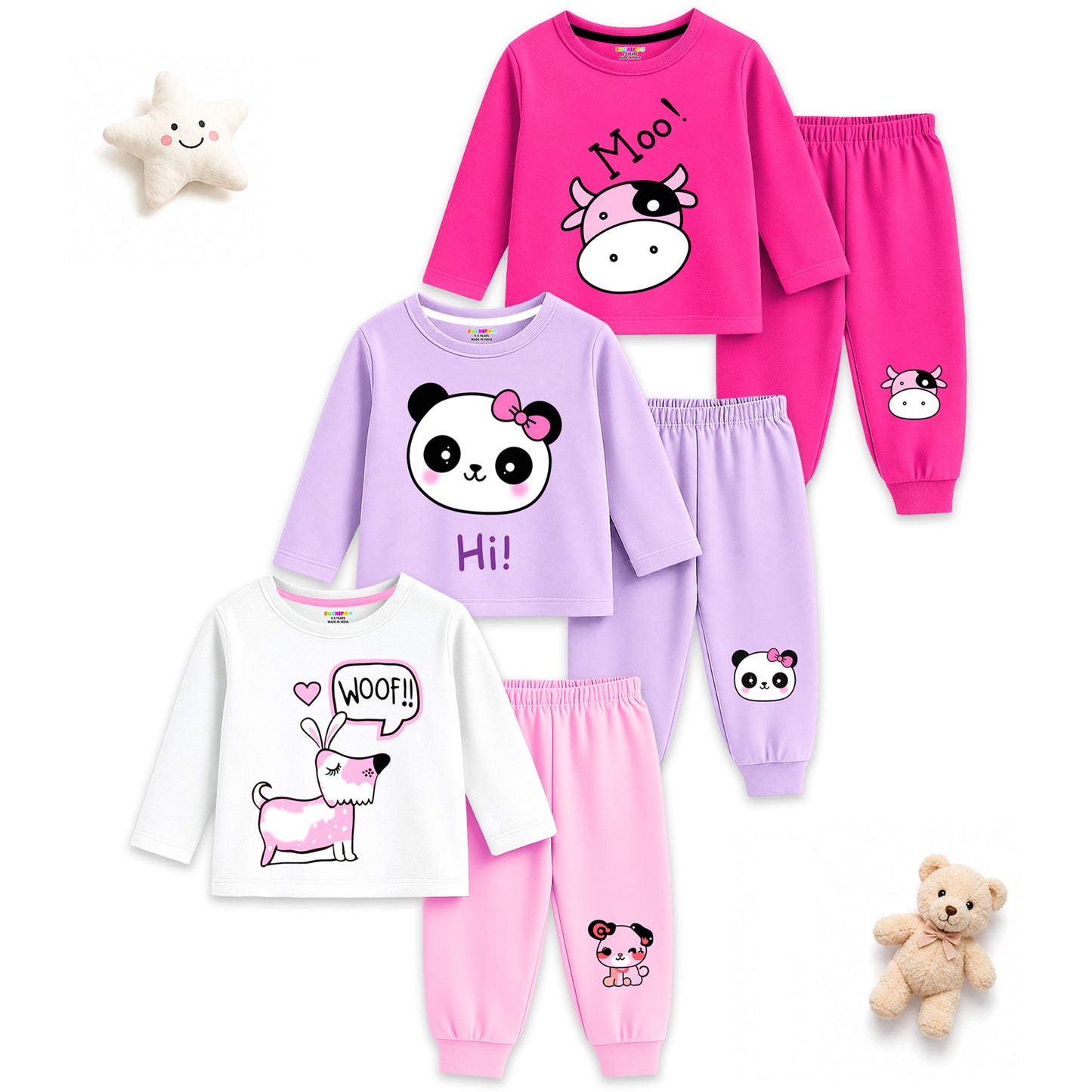 Kuchipoo Girls Cotton T-shirts & Pajamas Set | Full Sleeve Printed Top & Pajama | Soft & Breathable Sleepwear | Comfortable Elastic Waist | Pack of 3