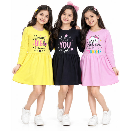 Kuchipoo Girls Cotton Printed Dresses Pack of 3 | Full Sleeve Round Neck Casual Frocks | Soft & Comfortable Everyday Wear for Kids