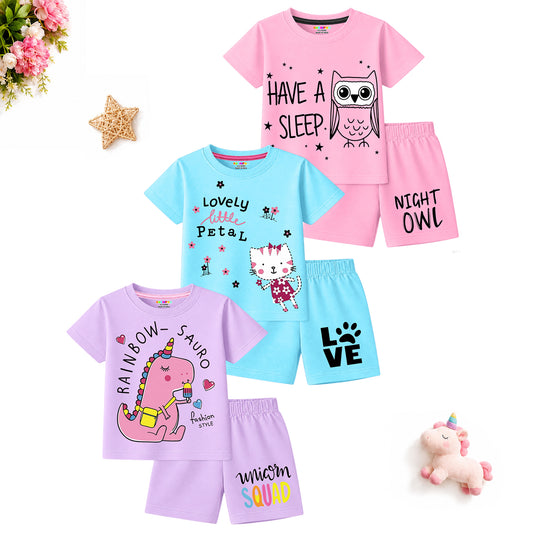 Kuchipoo Girls Cotton T-Shirt & Shorts | Printed Summer Wear Set | Soft & Comfortable Kids Clothing | Pack of 3