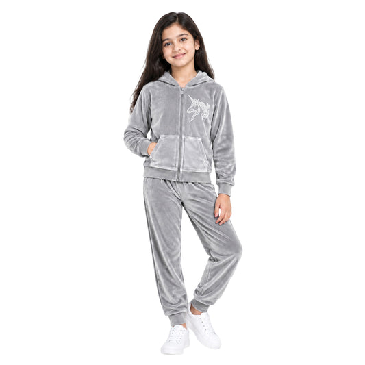 Kuchipoo Girls Velvet Zipper Hooded Sweatshirt & Jogger Set | Soft Velour Zip-Up Hoodie with Kangaroo Pockets & Pajama | Warm Full Sleeve Winterwear